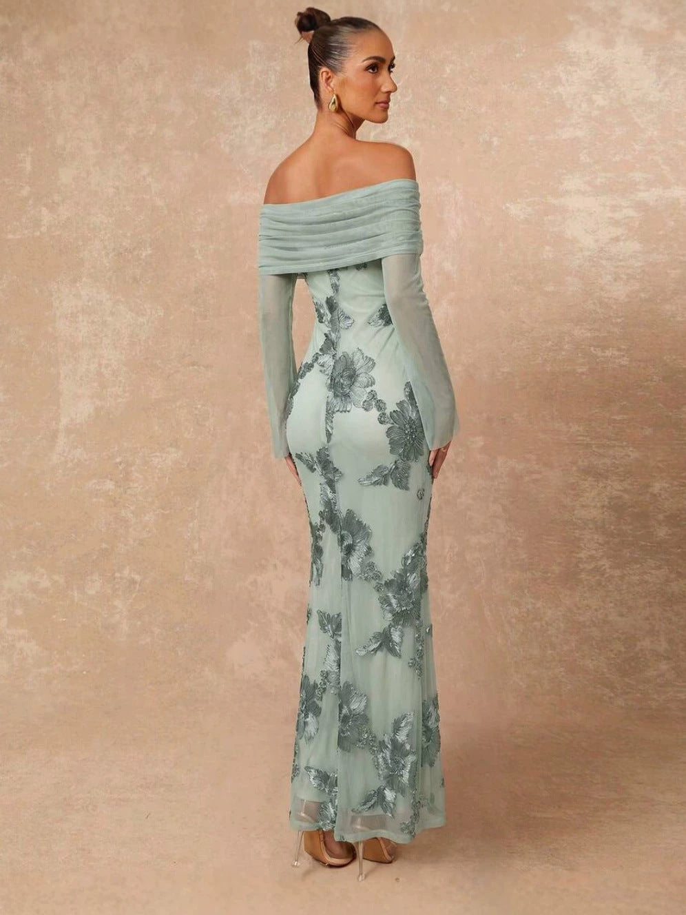 One-Shoulder Lace Bodycon Long Dress with Long Sleeves
