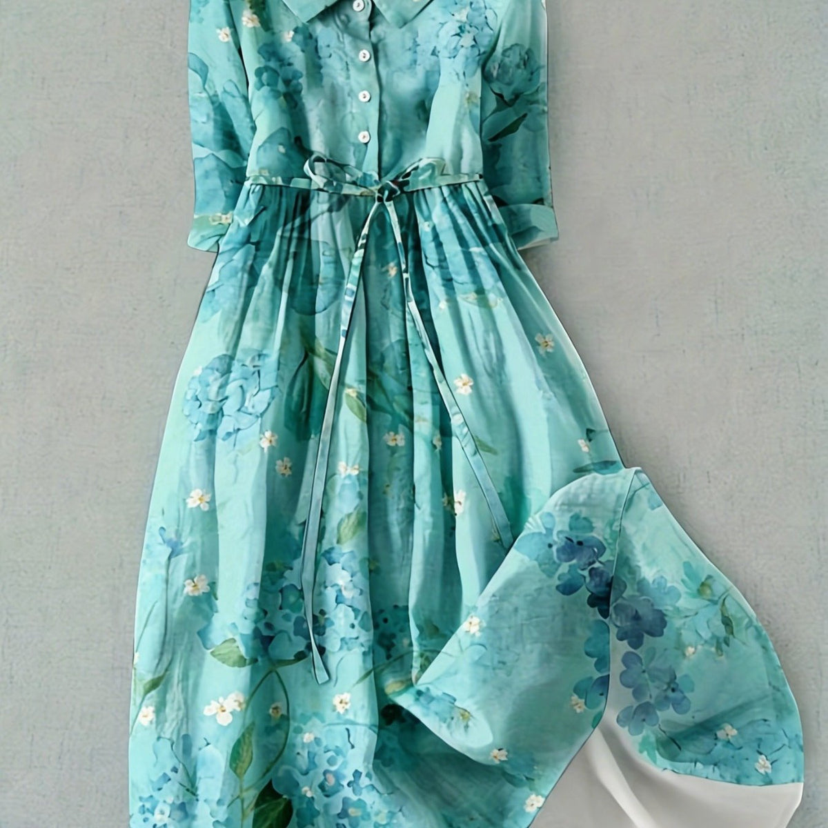 High-Waist Button-Collar Midi Dress with 3D Print