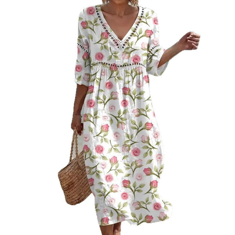 Deep V-Neck 3D Print Midi Dress with Irregular Hem