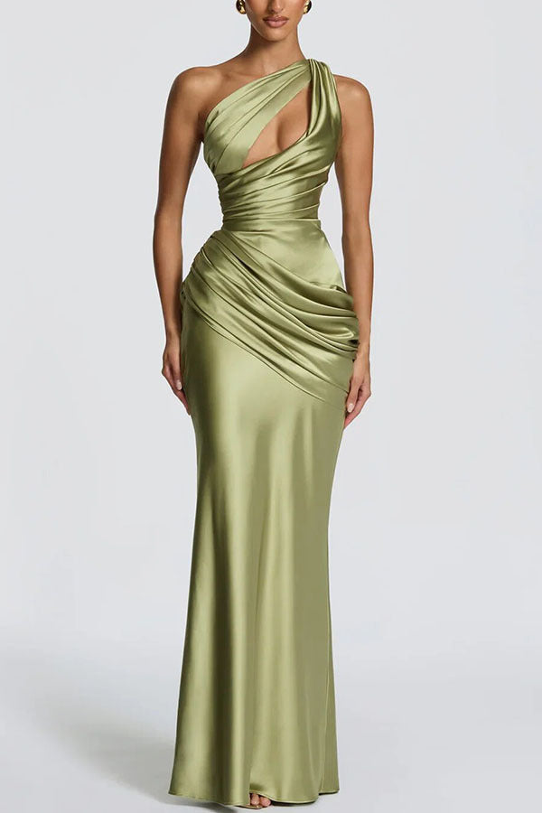 One-Shoulder Satin Fishtail Evening Dress with Waist Tie