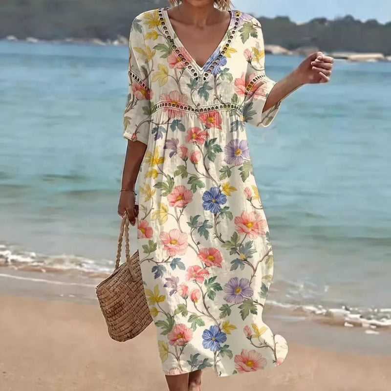 Deep V-Neck 3D Print Midi Dress with Irregular Hem