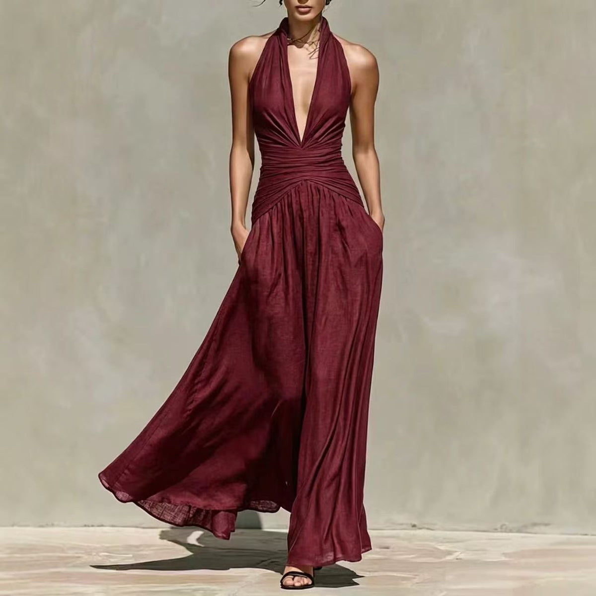 Deep V-Neck Halter Linen-Blend Long Dress