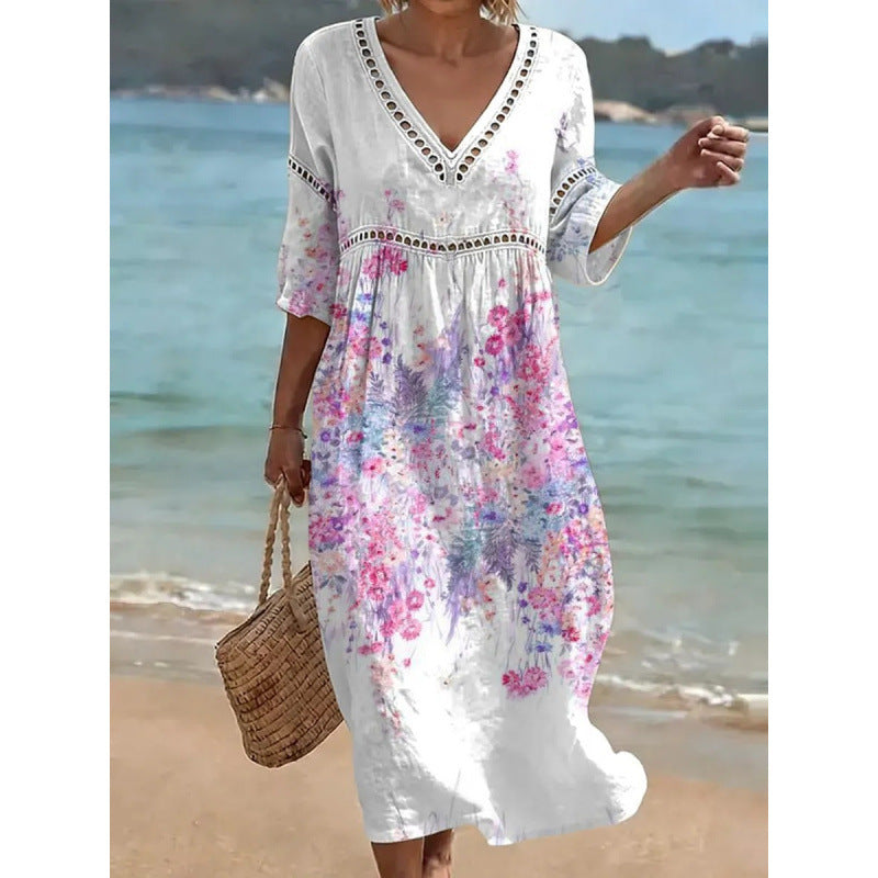 Deep V-Neck 3D Print Midi Dress with Irregular Hem