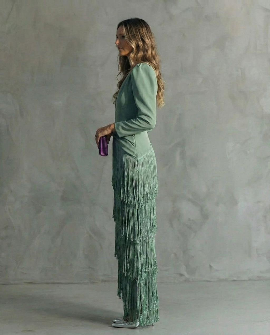 Beatriz | Vestido Largo de Invitada Boda Invierno Mujer Manga Larga Flecos