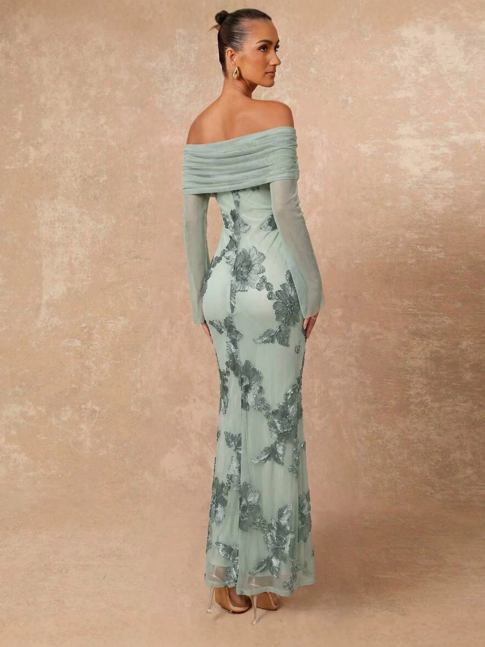 One-Shoulder Lace Bodycon Long Dress with Long Sleeves