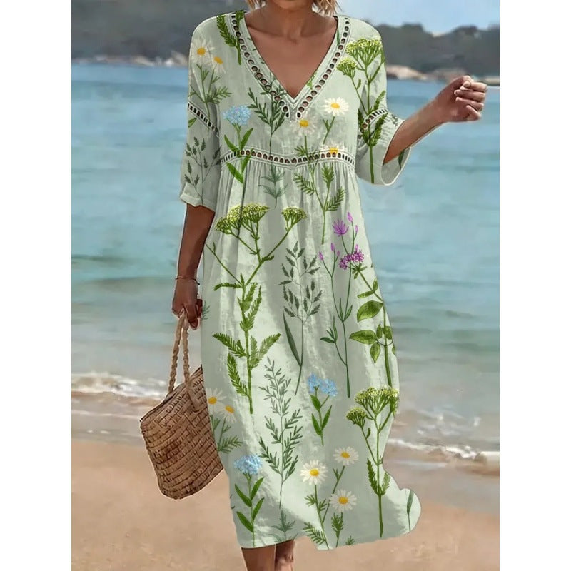 Deep V-Neck 3D Print Midi Dress with Irregular Hem