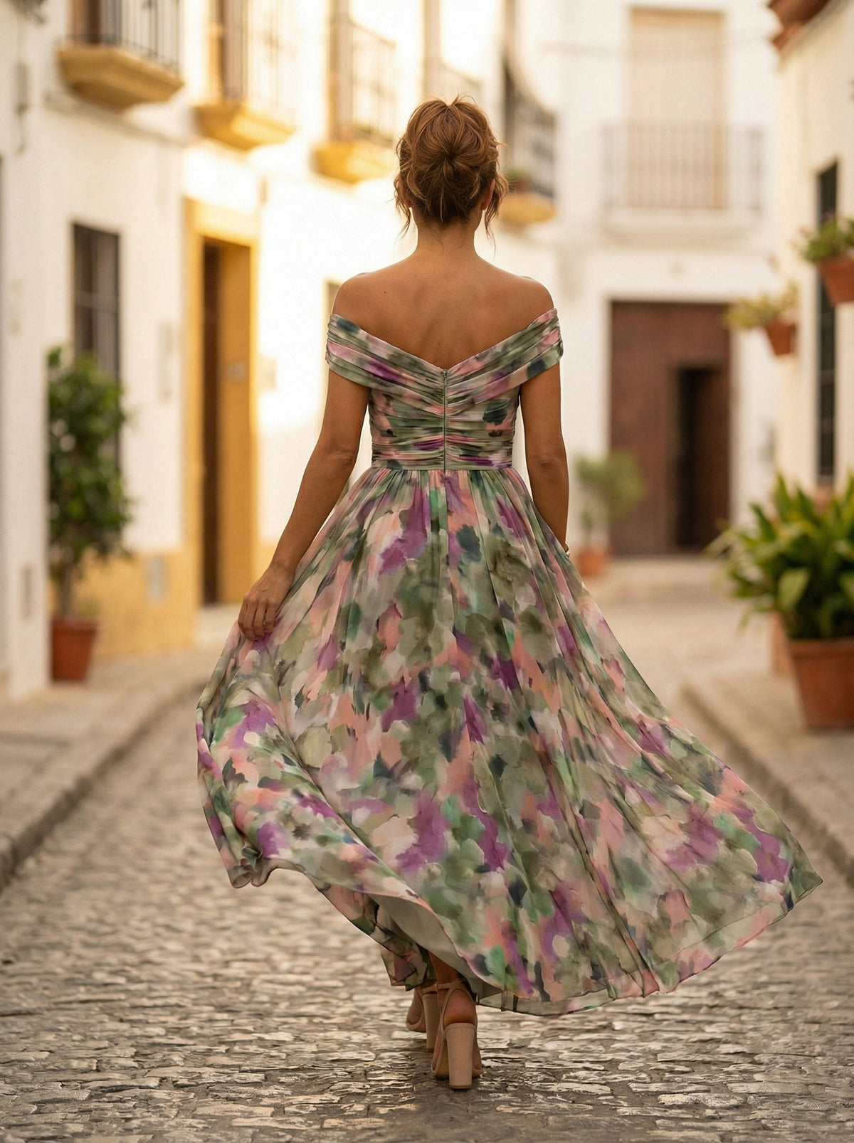 Carmela | Vestido Largo de Gala Hombros Descubiertos Mujer Plisado