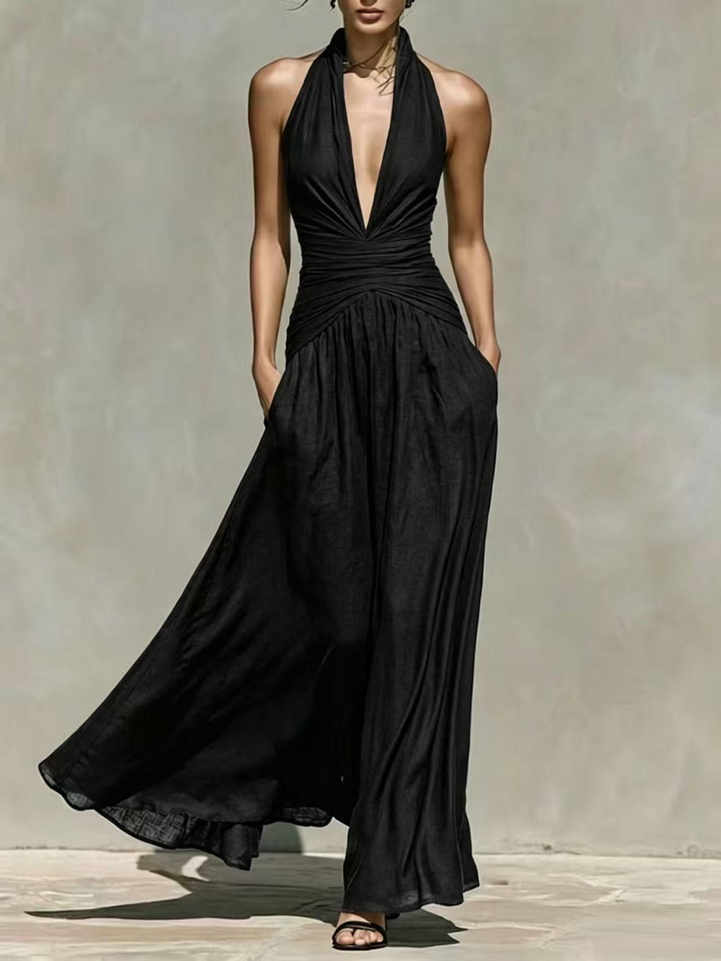 Deep V-Neck Halter Linen-Blend Long Dress