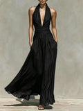 Deep V-Neck Halter Linen-Blend Long Dress
