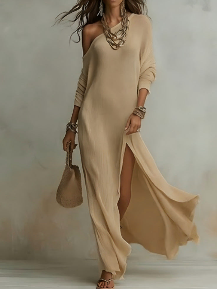 Long-Sleeve Pleated Dress with Side Slit
