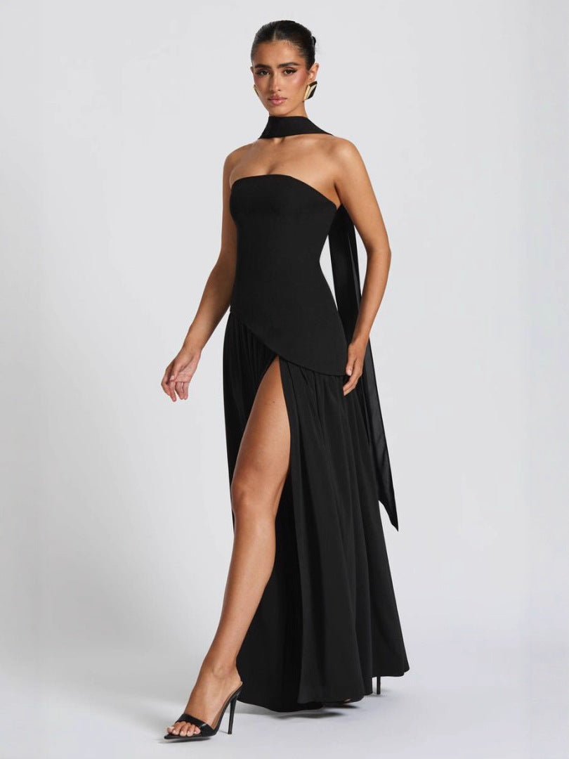 Backless Tube-Top Milk Silk Dress with High Slit