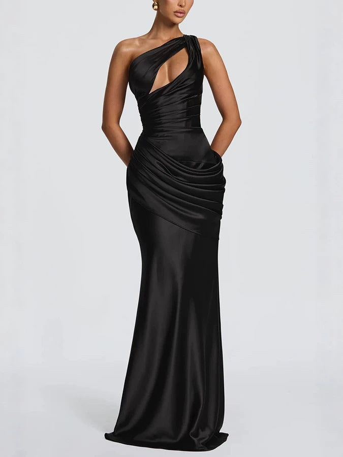 One-Shoulder Satin Fishtail Evening Dress with Waist Tie
