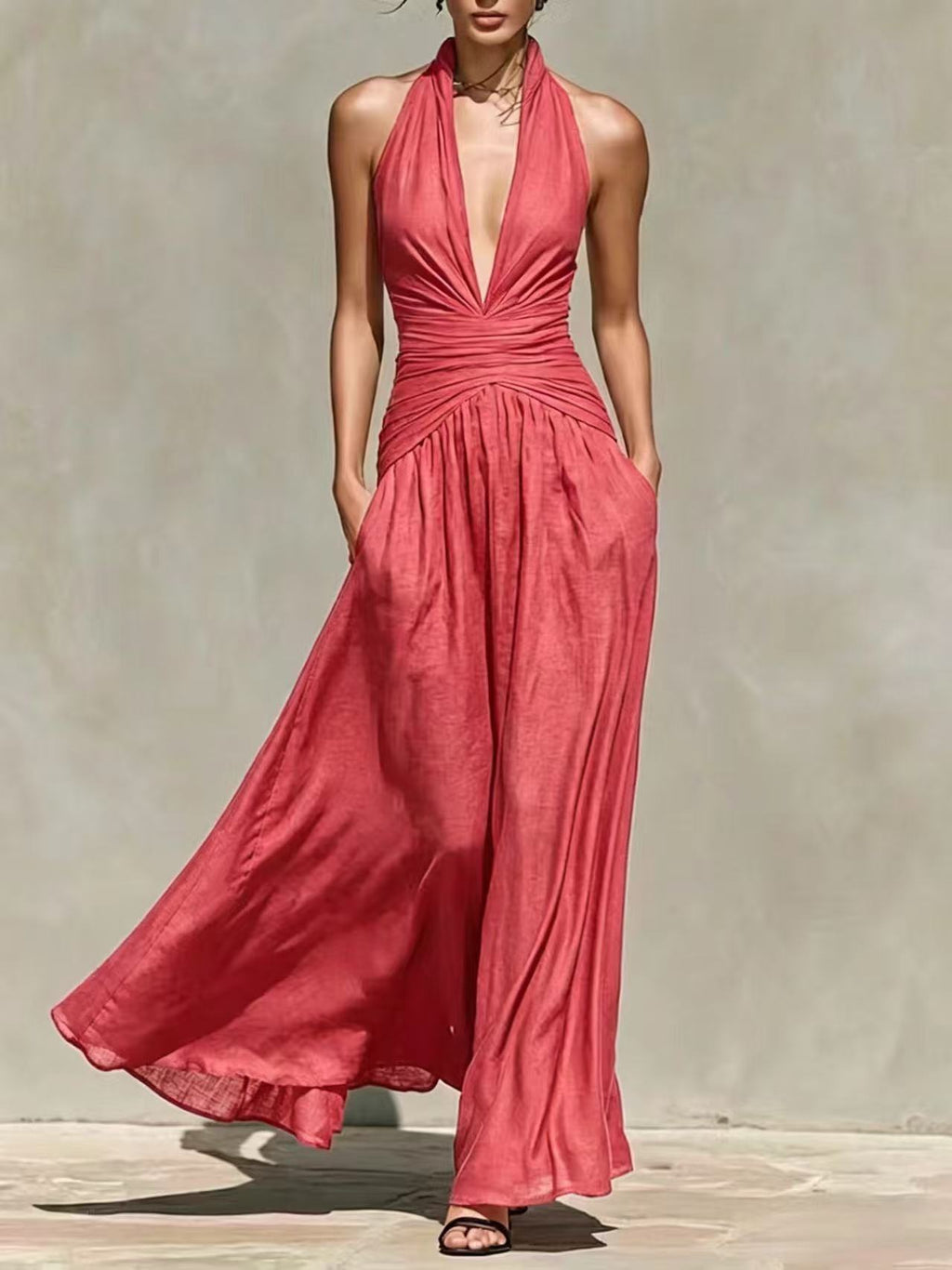 Deep V-Neck Halter Linen-Blend Long Dress