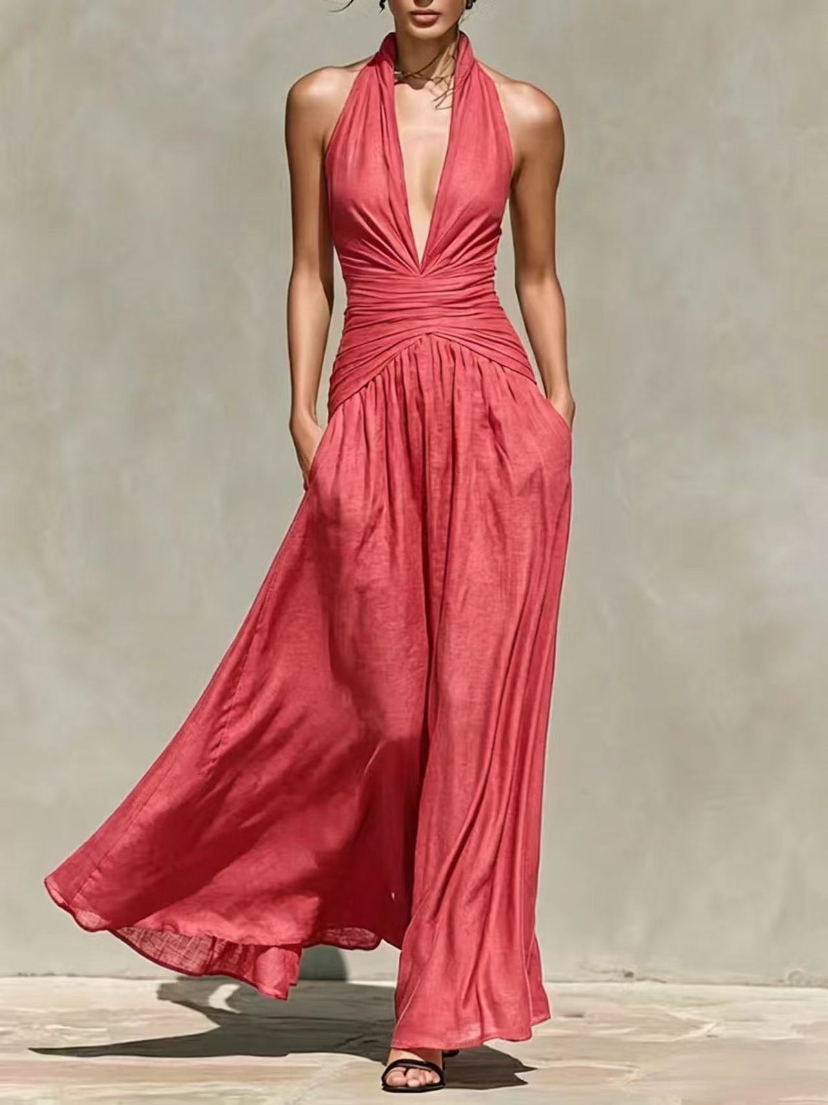 Deep V-Neck Halter Linen-Blend Long Dress