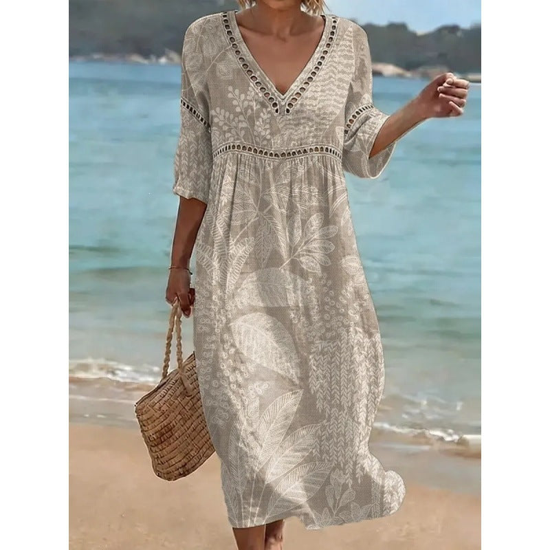 Deep V-Neck 3D Print Midi Dress with Irregular Hem