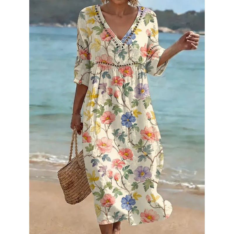 Deep V-Neck 3D Print Midi Dress with Irregular Hem