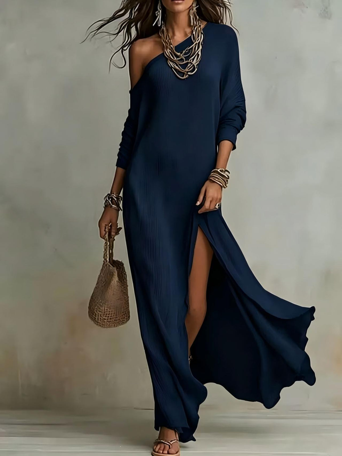 Long-Sleeve Pleated Dress with Side Slit