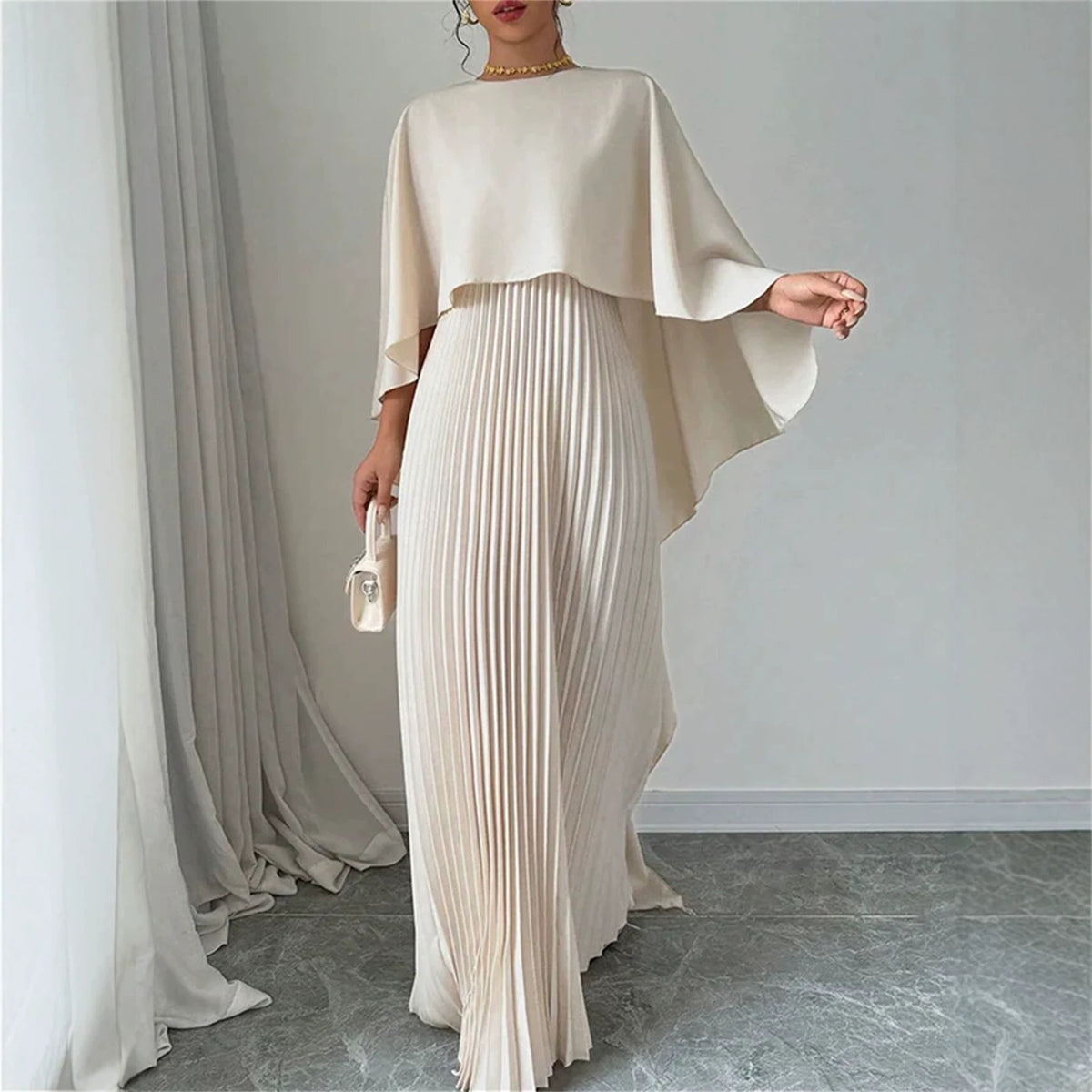 Loose-Fit Batwing Sleeve Pleated Long Dress