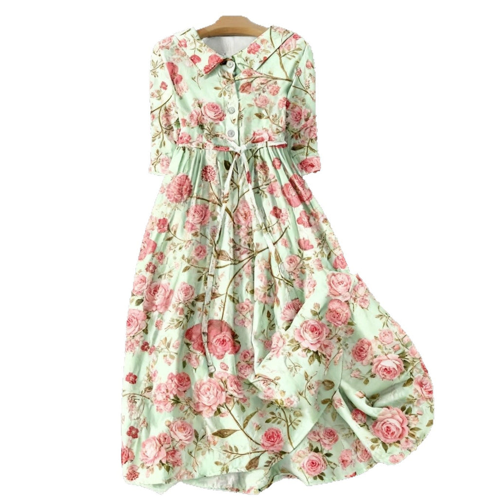 High-Waist Button-Collar Midi Dress with 3D Print