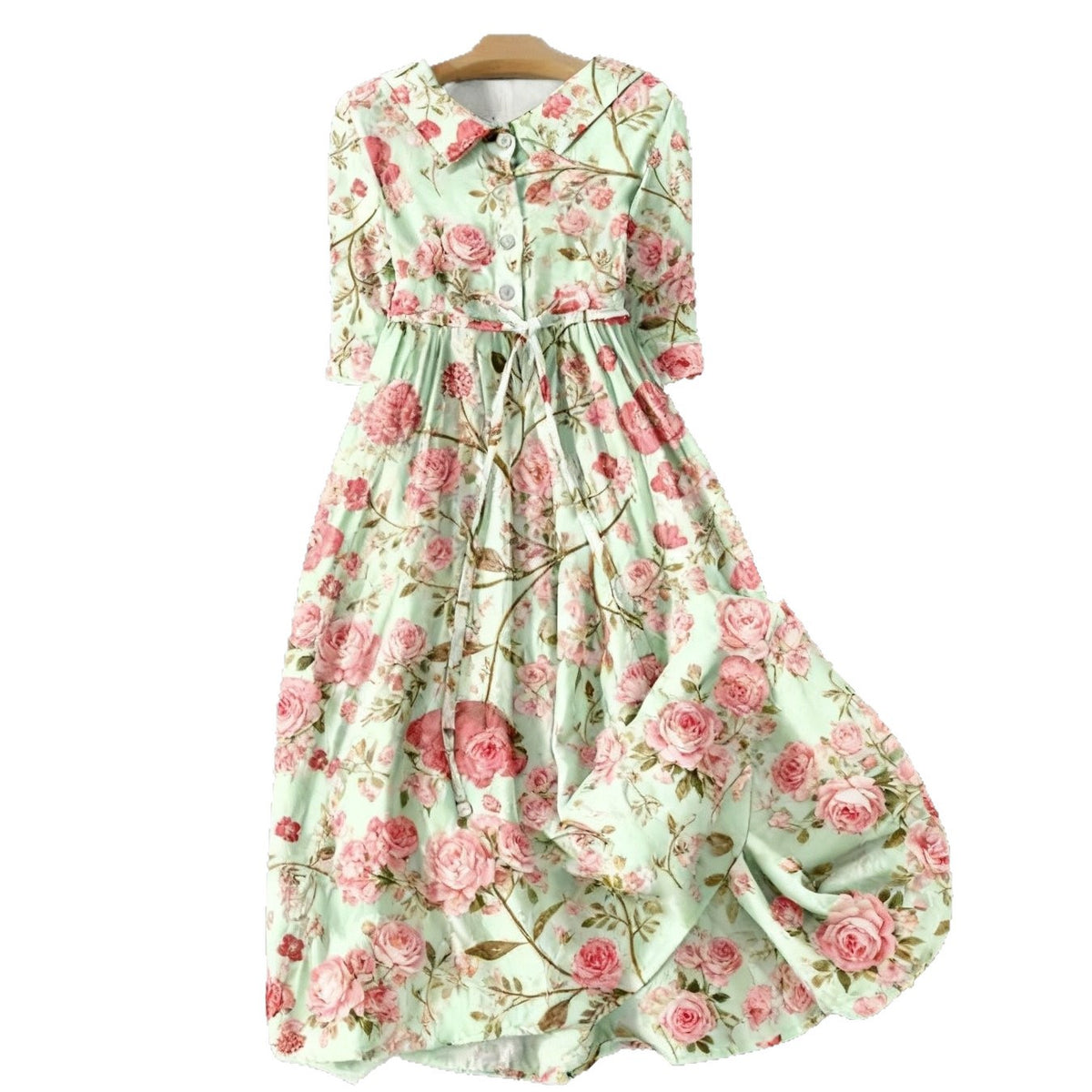 High-Waist Button-Collar Midi Dress with 3D Print