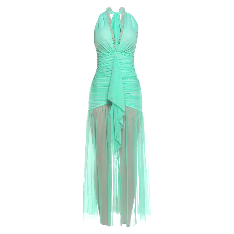 Halter V-Neck Pleated Mesh Long Dress