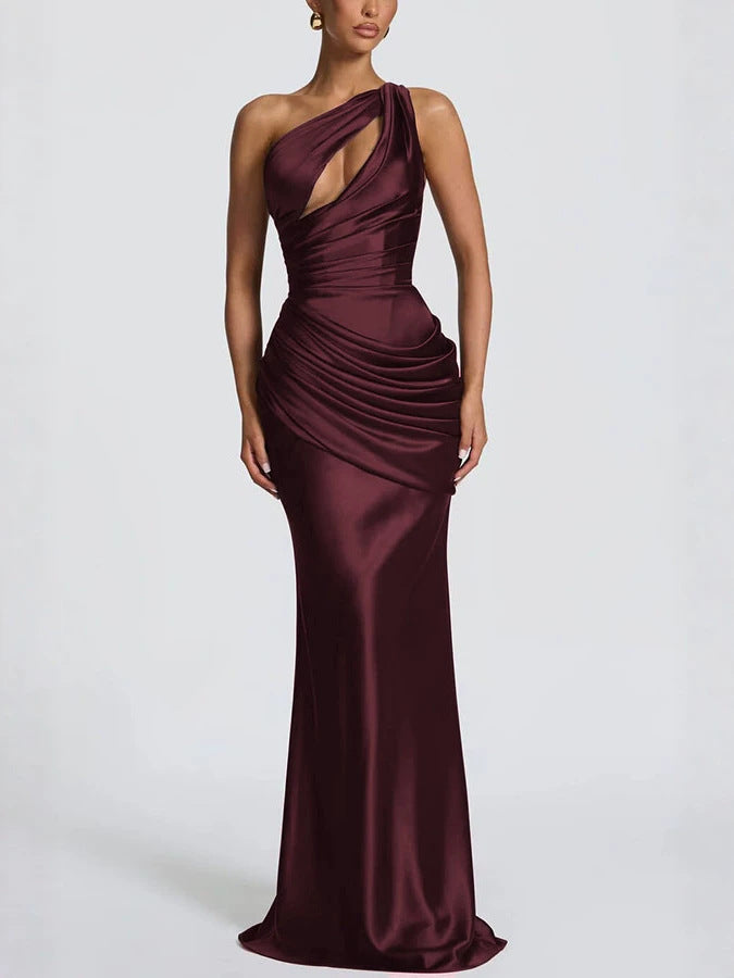 One-Shoulder Satin Fishtail Evening Dress with Waist Tie