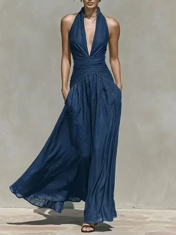 Deep V-Neck Halter Linen-Blend Long Dress