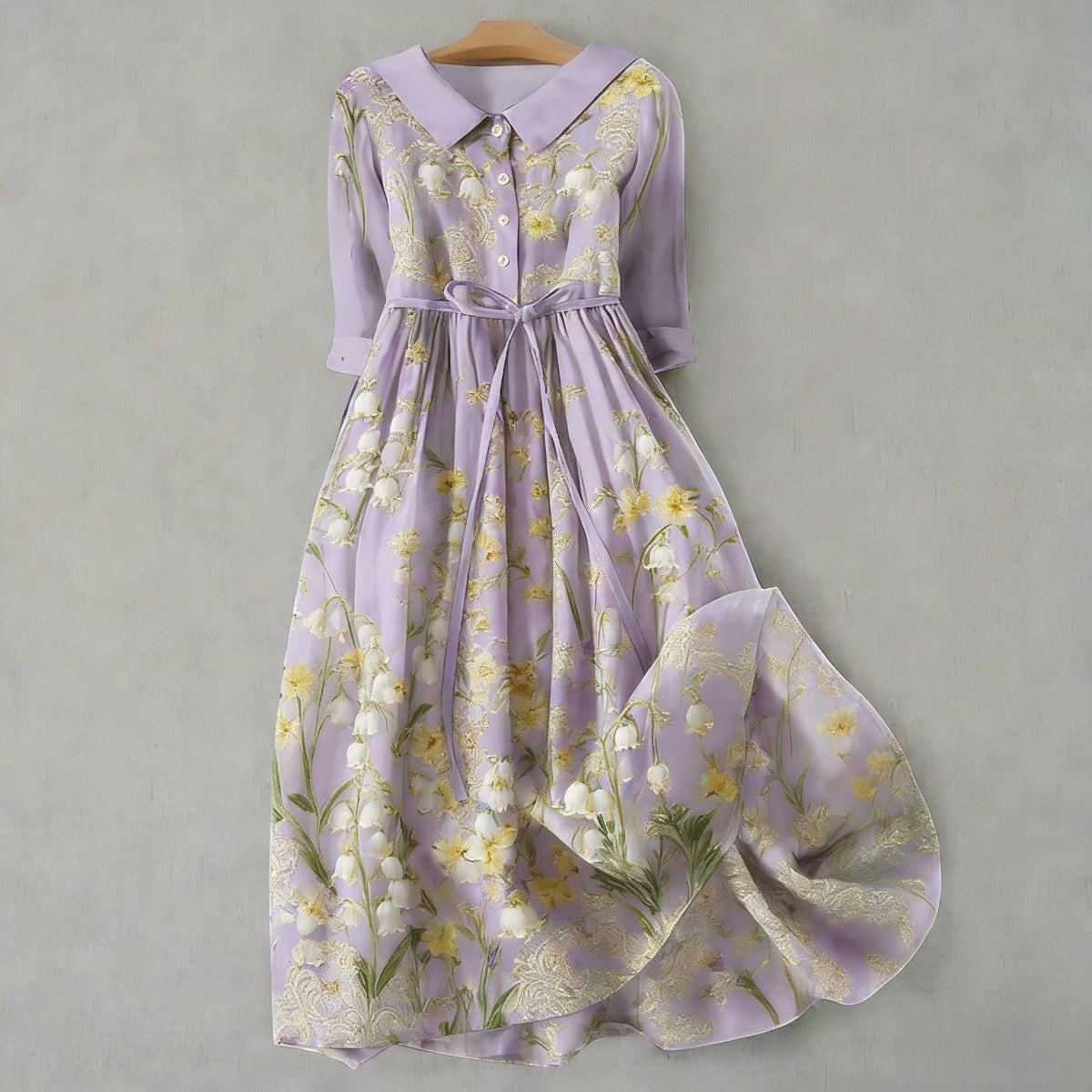 High-Waist Button-Collar Midi Dress with 3D Print