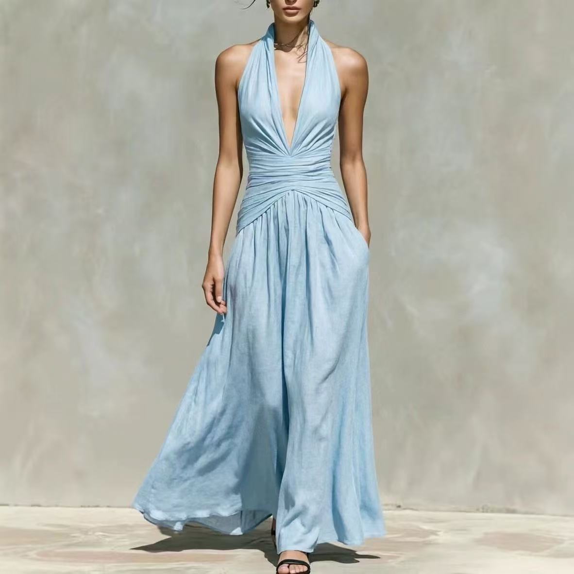 Deep V-Neck Halter Linen-Blend Long Dress