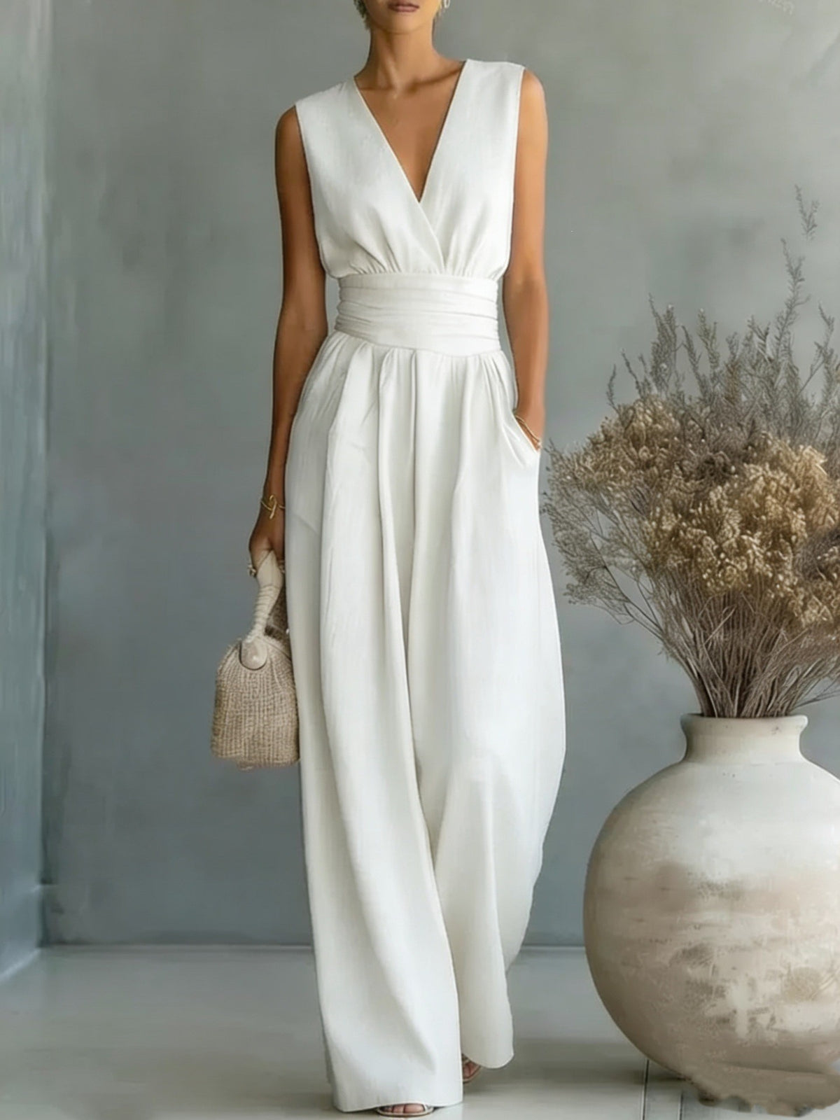 V-Neck Wide-Leg Pleated Jumpsuit