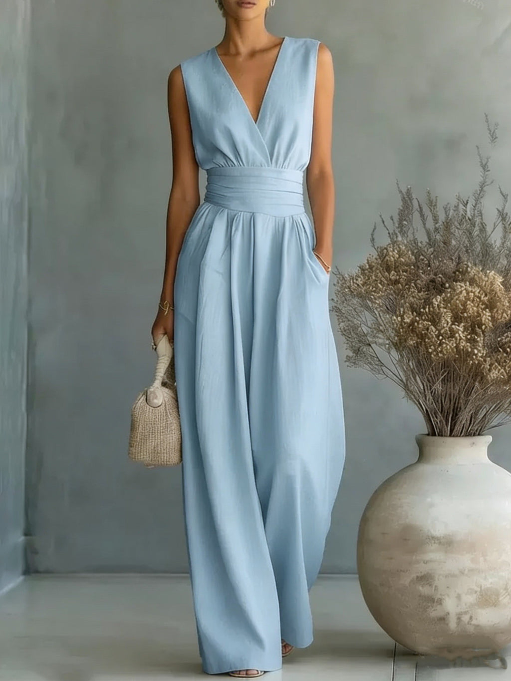 V-Neck Wide-Leg Pleated Jumpsuit