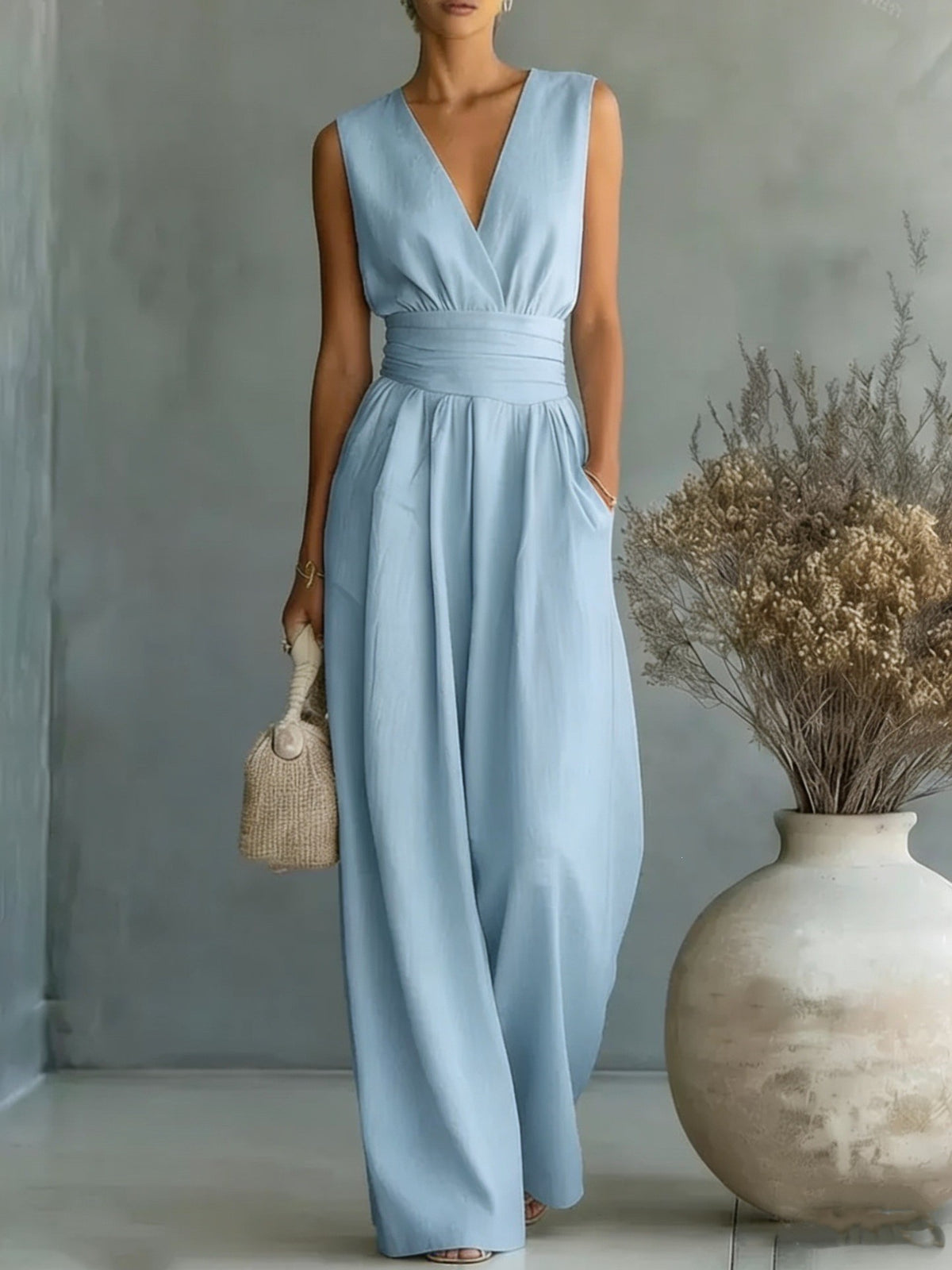 V-Neck Wide-Leg Pleated Jumpsuit