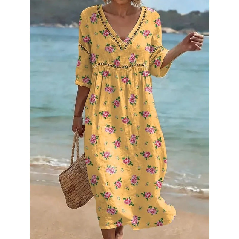 Deep V-Neck 3D Print Midi Dress with Irregular Hem