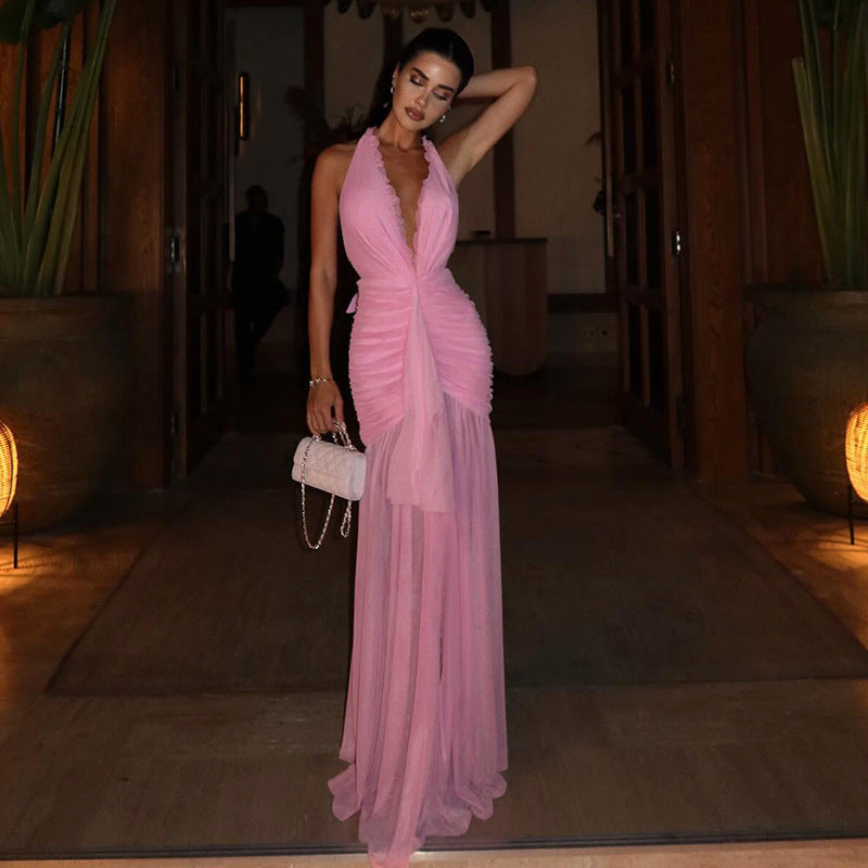 Halter V-Neck Pleated Mesh Long Dress