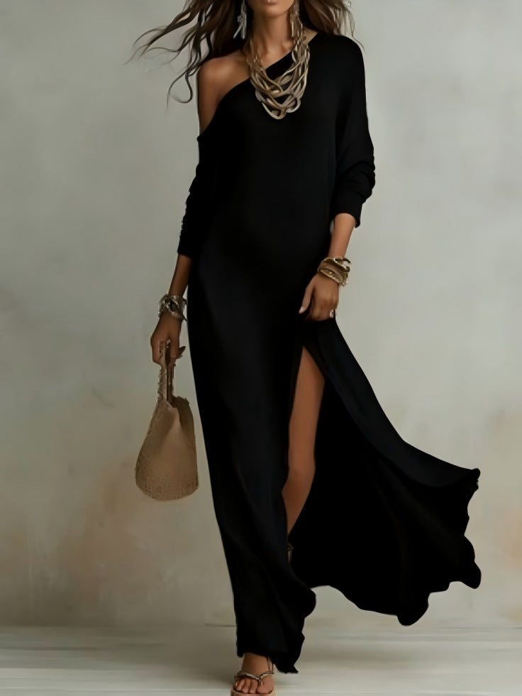 Long-Sleeve Pleated Dress with Side Slit