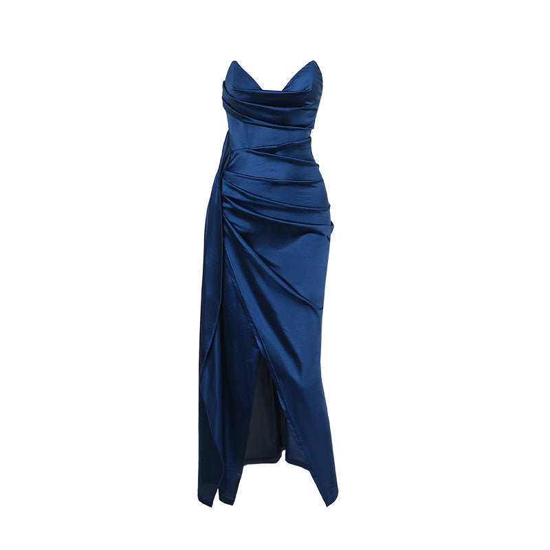 Deep V-Neck Satin Slit Dress