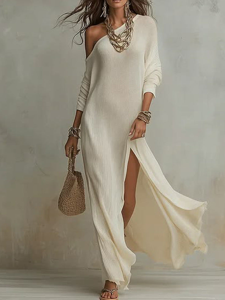 Long-Sleeve Pleated Dress with Side Slit
