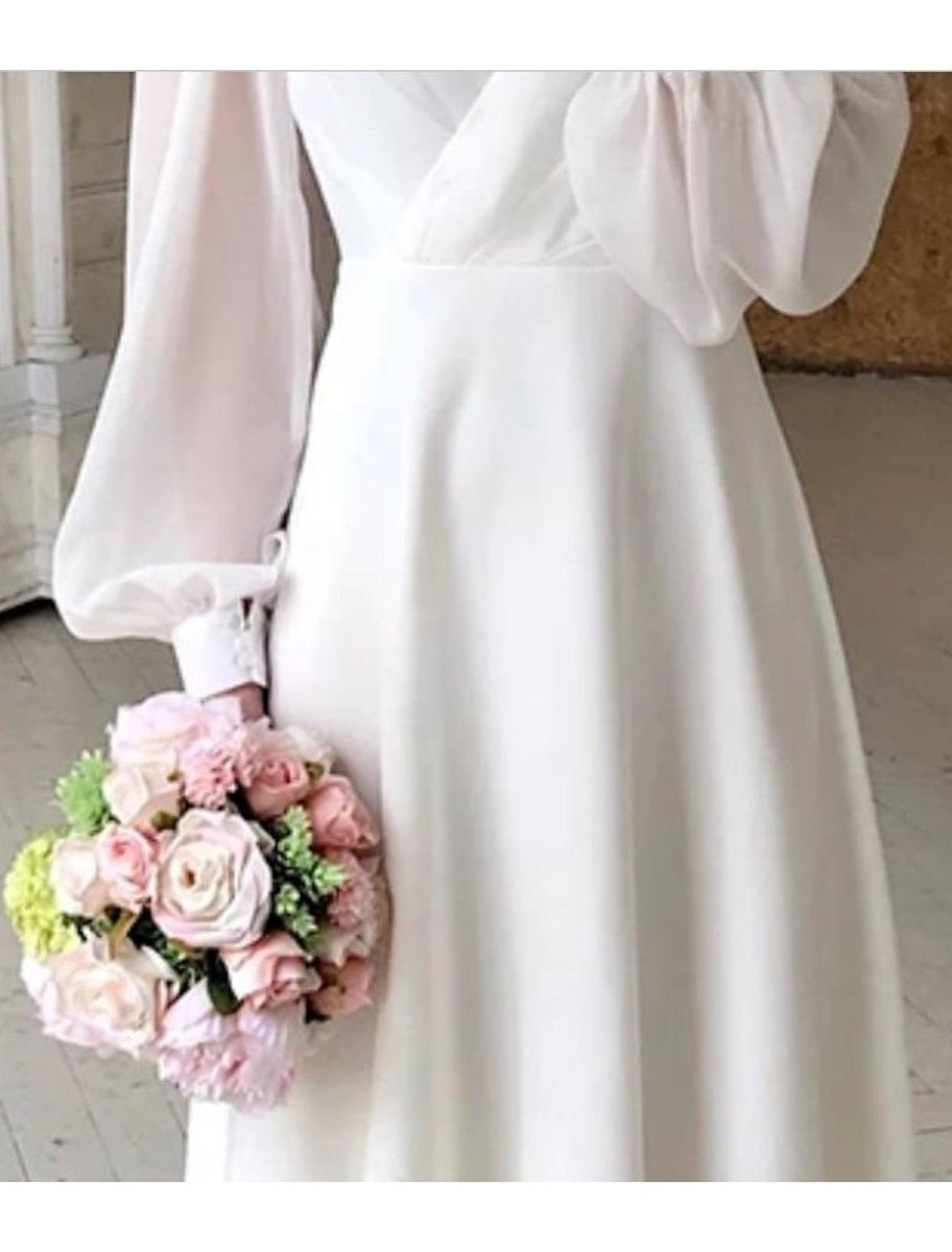 Gema | Vestido Midi de Manga Larga Mujer Escote V Mangas Abullonadas