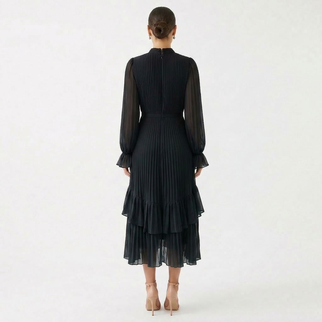 Paloma | Vestido Midi Plisado con Volantes Mujer Cuello Alto