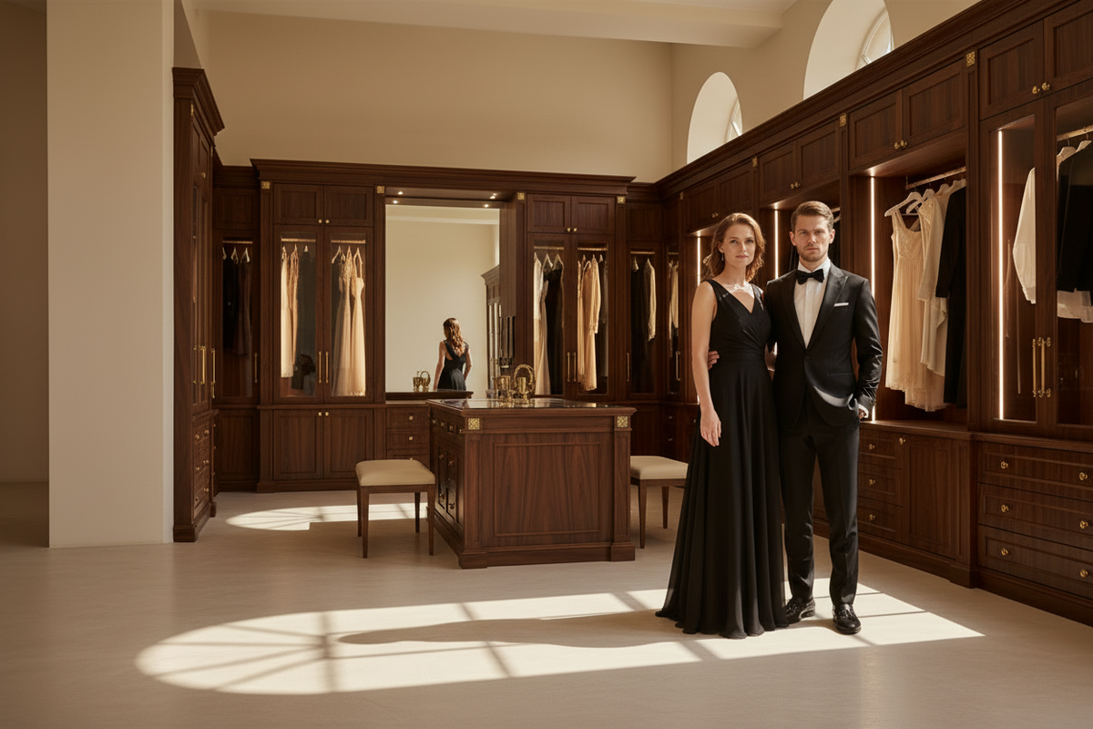 Portada de lujo con pareja elegante en un vestidor