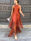 Encarna | Vestido de Fiesta Largo con Flecos Mujer Cuello Halter